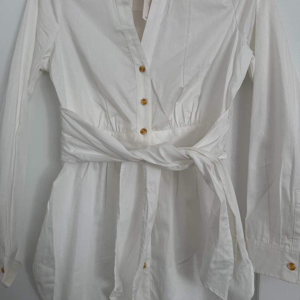 Maeve Anthropologie white button up shirt with wide waist sash
